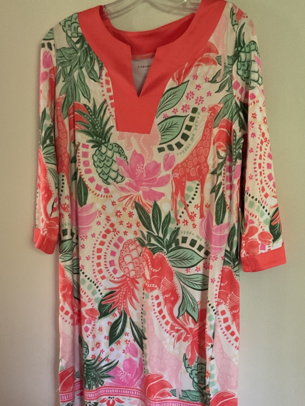 Caribbean Joe Coral, Pink & Green Floral V-Notch Shift Dress